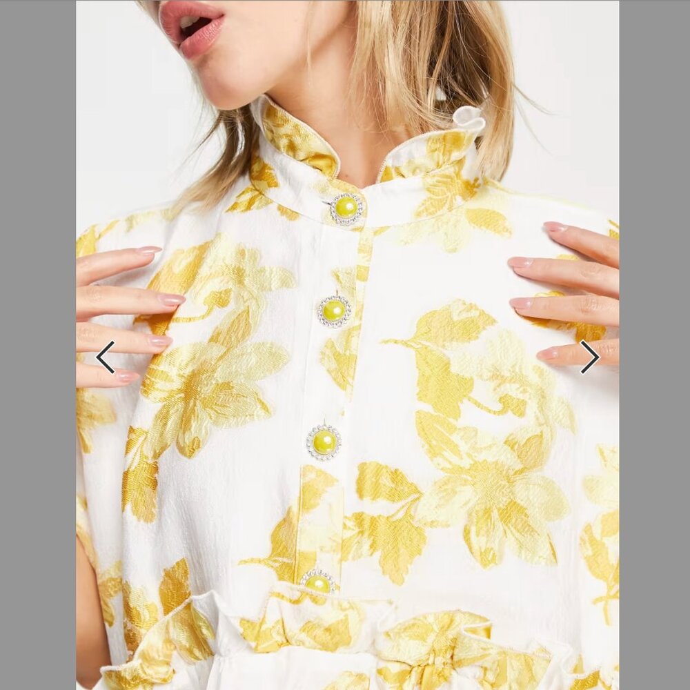 Dream Sister Jane oversized jacquard smock dress in golden yellow floral - Picture 4 of 5